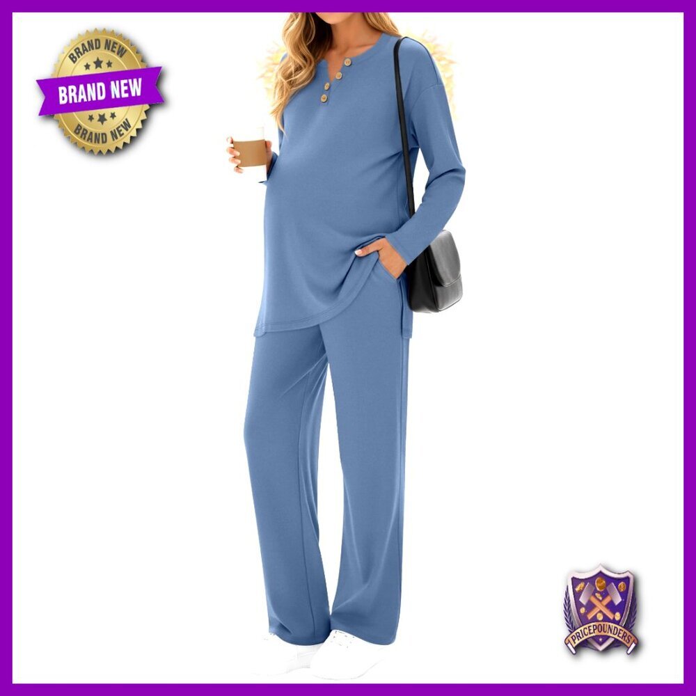 Large Maternity Lounge Set Thermal Fleece Long Sleeve Top Wide Leg Pants - Picture 1 of 7
